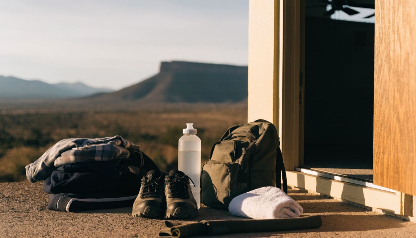 A packed setup with clothes, shoes, a water bottle, backpack, and towel outside a tiny home doorway.