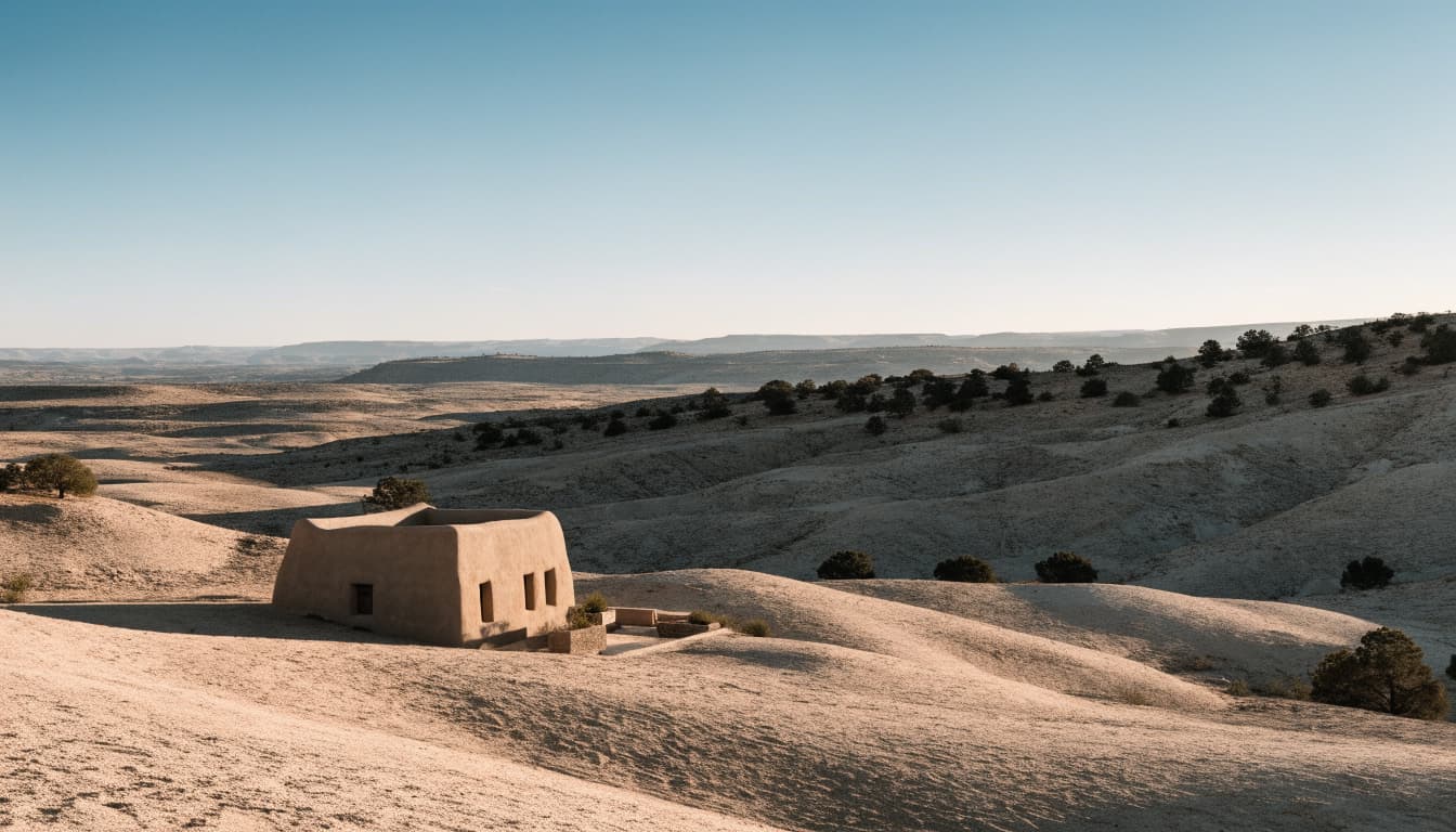 A small adobe casita in a wide New Mexico desert landscape with rolling hills.