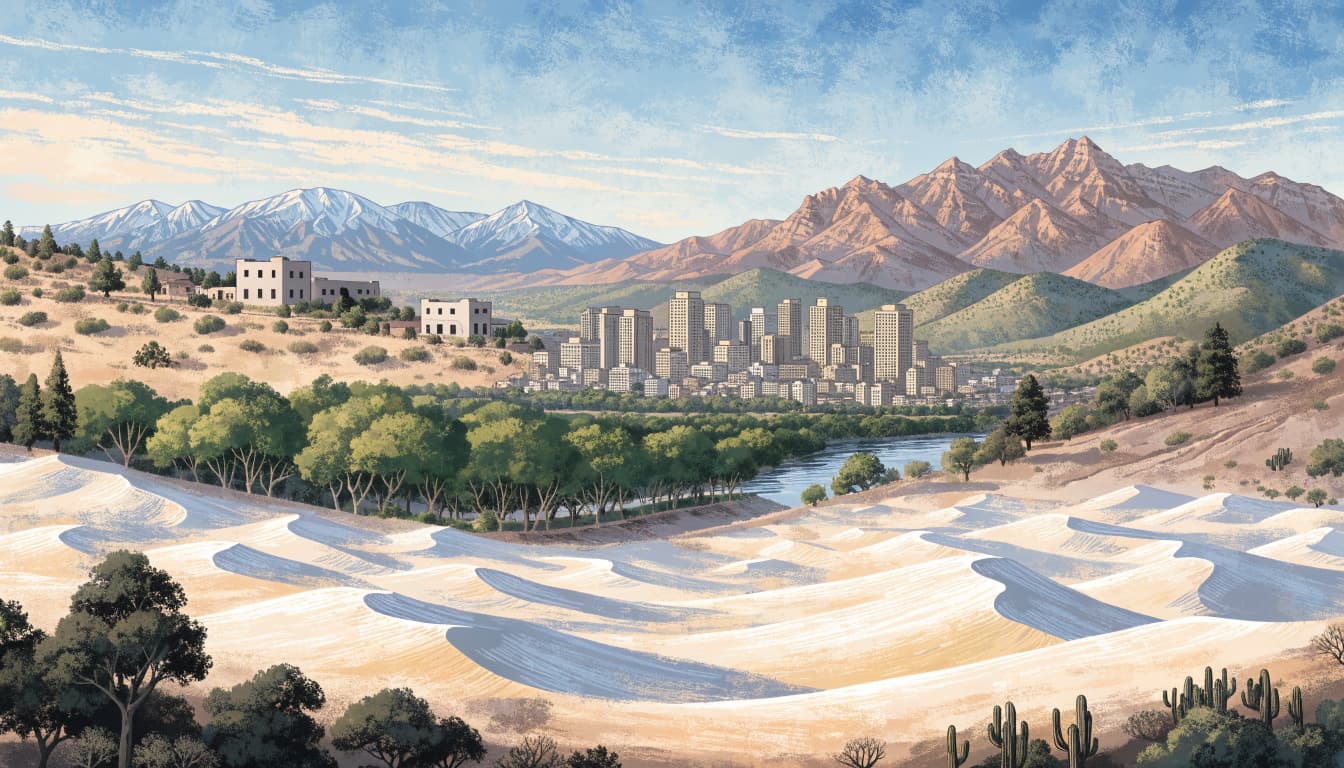 An illustrated panoramic view of New Mexico's diverse landscapes, including adobe buildings, mountains, and white dunes.