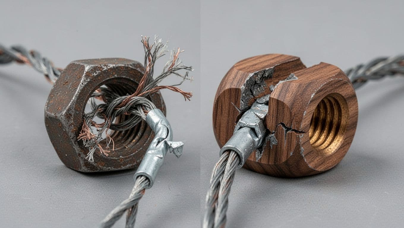 Side-by-side close-up of a pristine new DMM Wallnut and a heavily damaged one showing frayed wire, kinked cable, crushed swage, sharp edge, deep groove, and major deformation. High-detail photorealistic image on neutral gray background with natural light and landscape composition.