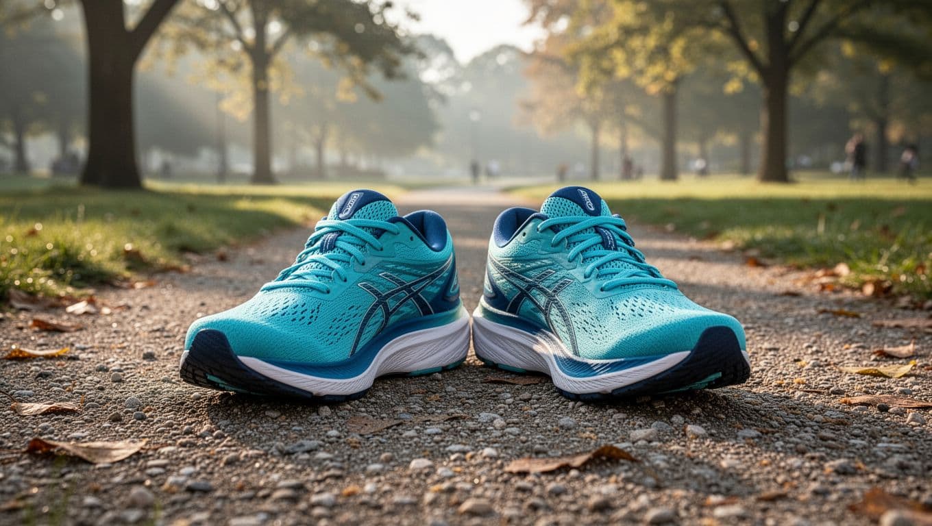 A pair of vibrant Newton running shoes sits idle on a coarse grey gravel park path. Golden morning sunlight highlights the textured terrain and crisp athletic design of the footwear.
