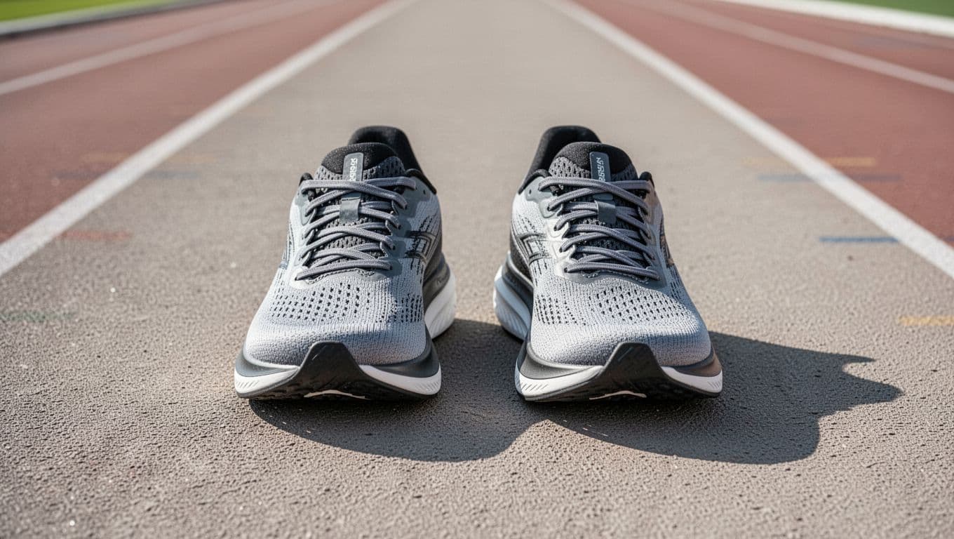A pair of Newton Gravity 14 performance sneakers rests on a sleek, neutral track surface. The clean design is highlighted by soft natural daylight casting subtle, realistic shadows beneath the soles.