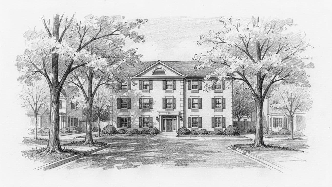 Graphite sketch of a hotel on a tree-lined suburban street.