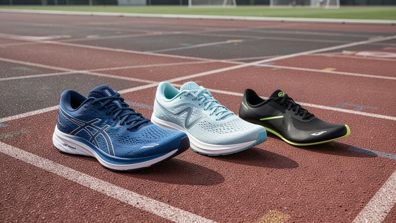 A Newton Motion 13 shoe sits prominently on an outdoor running track, flanked by a plush daily trainer and a low-profile speed shoe to showcase their distinct design differences in professional lighting.