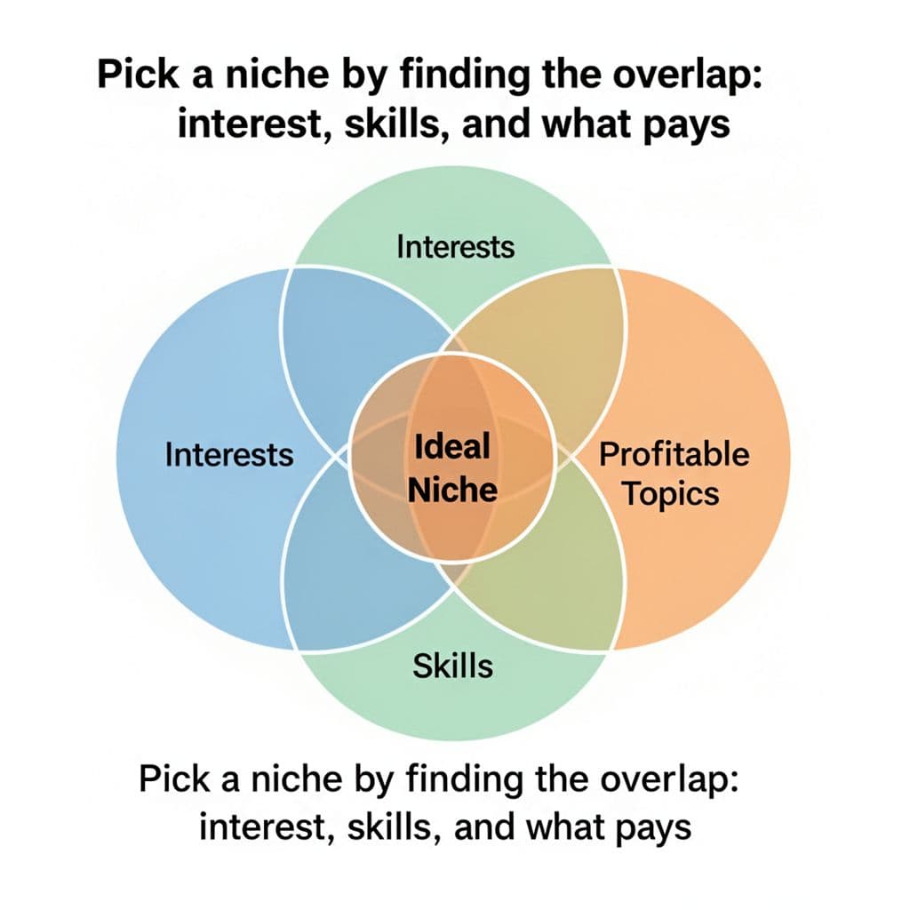 Three overlapping circles representing interests, skills, and profitable topics, with the central overlap highlighted as the ideal niche area. Simple clean infographic illustration in flat vector design using pastel blue, green, and orange colors on a white background.