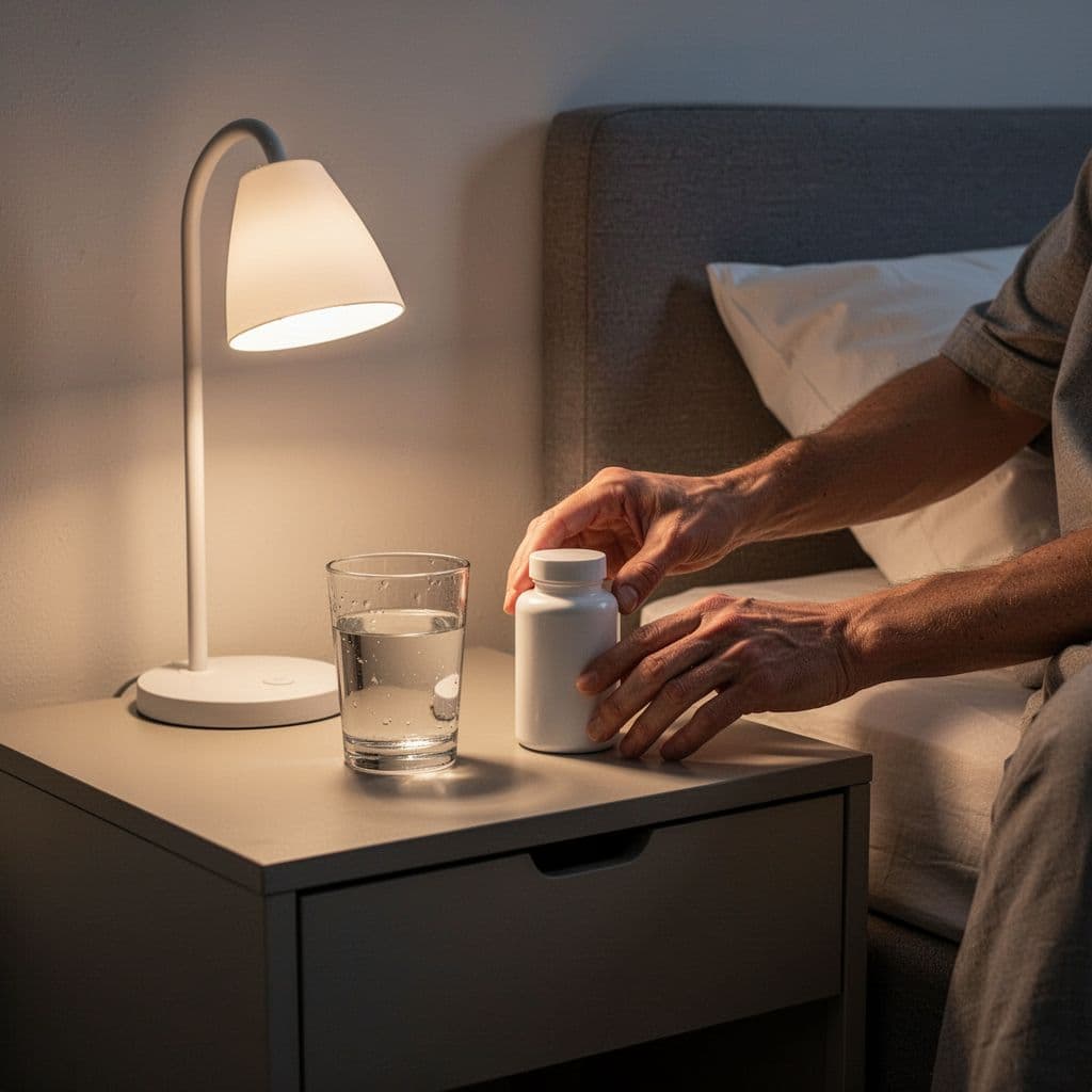 A person places a glass of water and a bottle of supplements on a minimalist nightstand.