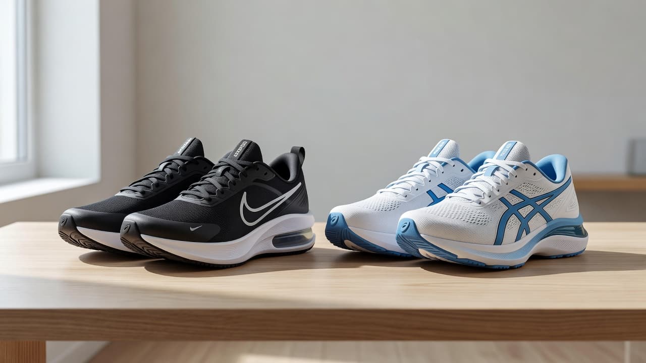 Two pairs of athletic running shoes are positioned side by side on a smooth, light-colored wooden table. The composition emphasizes the texture and athletic design of both footwear brands simultaneously.