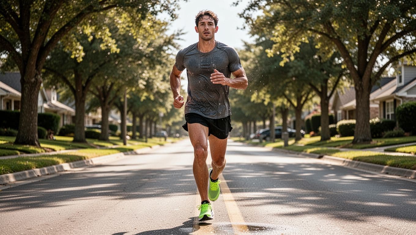 A male runner in Nike Downshifter 13 shoes strides easily on a suburban road during a hot summer run, light sweat on face and arms showcasing the breathable engineered mesh upper and lightweight design.