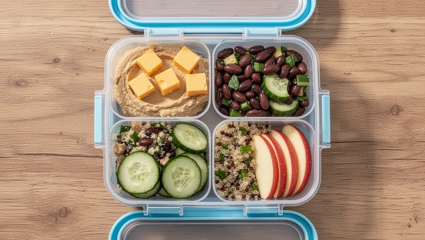 Top-down realistic photo of an open divided reusable lunchbox packed with hummus, cheese cubes, black bean salad, cucumber slices, quinoa salad, and apple slices on a wooden table under natural light.