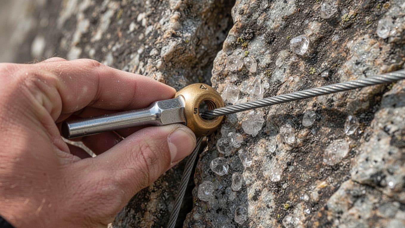 Photorealistic close-up side view of a climber's hand using a metal nut tool to gently tap and pry a small stuck silicon bronze Metolius Astro Nut size 4 from a thin irregular granite crack, with controlled motion and detailed textures.