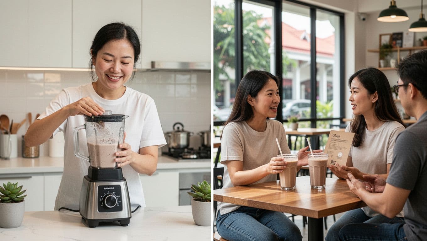Realistic vertically split landscape image: left side shows a relaxed Asian adult in a bright Singapore apartment kitchen mixing a nutrition shake alone; right side depicts the same person at a cafe table talking to a customer with shakes and pamphlets.