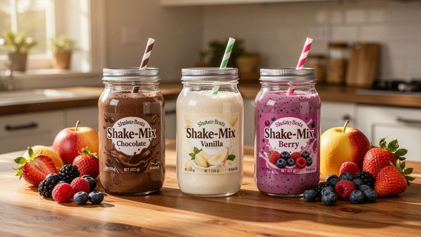 Three colorful jars of nutritional shake mix in chocolate, vanilla, and berry flavors on a wooden kitchen table with fresh fruits nearby, illuminated by soft natural morning light in realistic product photography style with high detail and clean composition.
