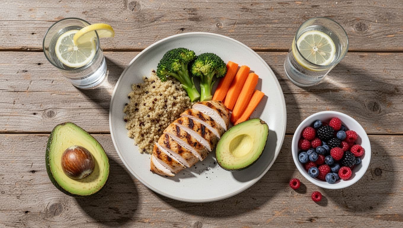 Top-down view of a healthy post-run meal on a rustic wooden table in natural light, featuring sliced grilled chicken breast, quinoa, steamed broccoli and carrots, half avocado, fresh mixed berries, and lemon water.