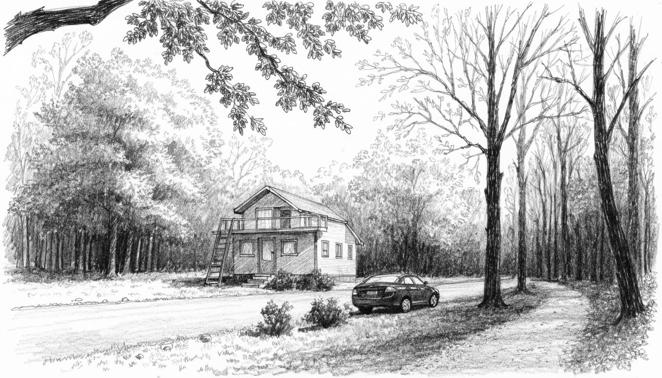 A graphite sketch of a tiny home rental in a wooded setting with a car parked nearby.