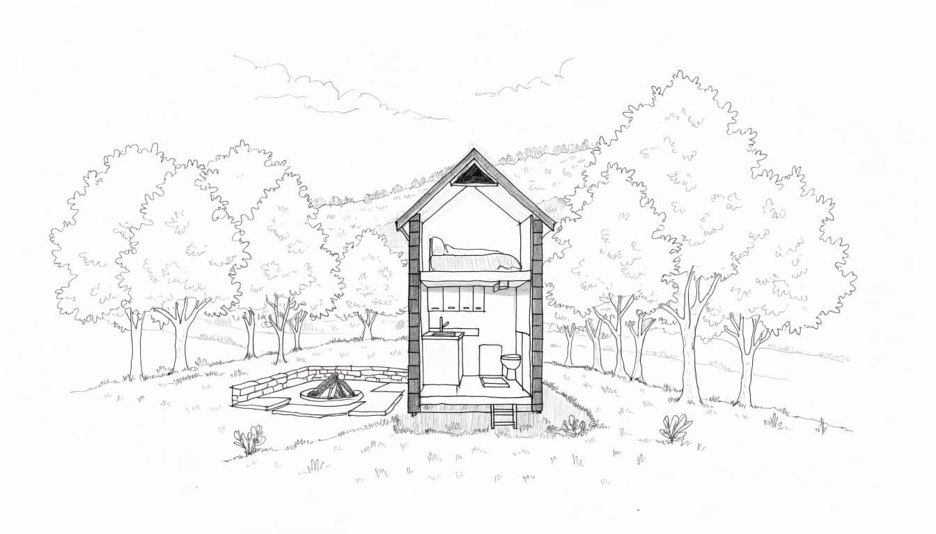 A graphite sketch of a tiny home with a cutaway view showing its interior, set in a wooded landscape.