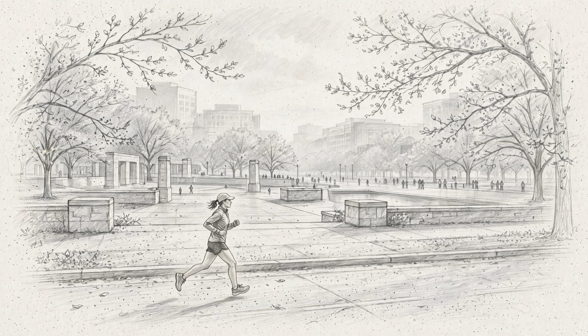 A lone runner follows a downtown marathon course beside a solemn memorial setting.