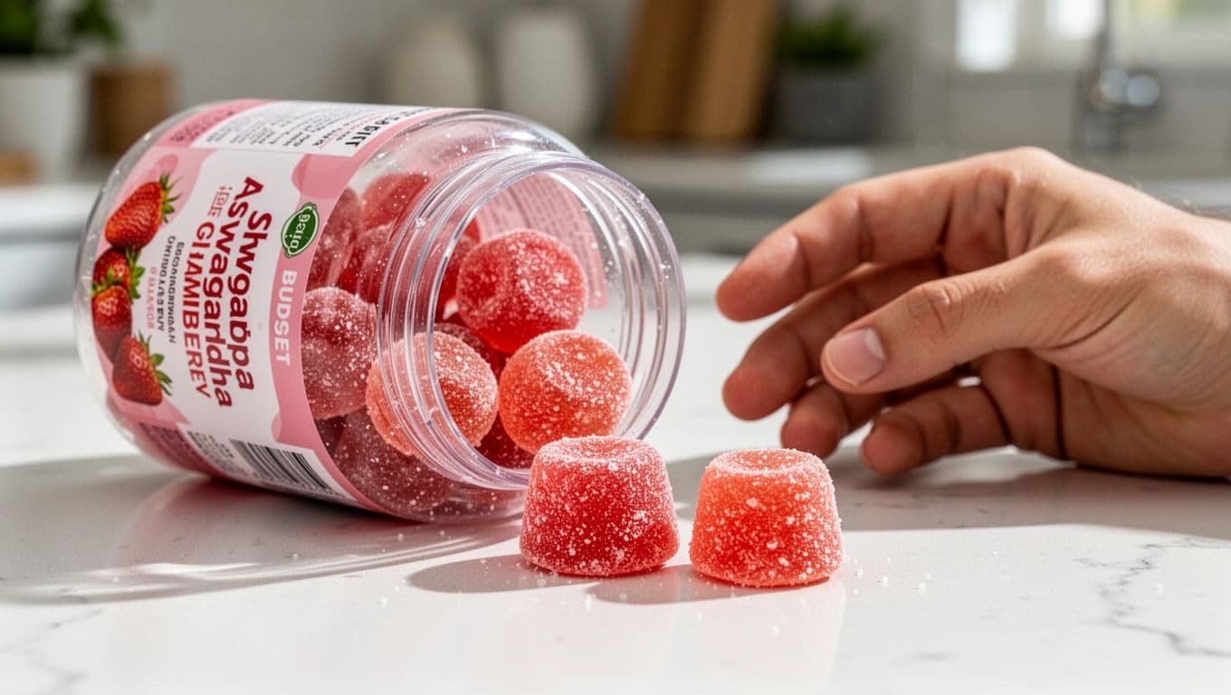 Close-up photorealistic view of an open budget plastic bottle of soft textured strawberry flavored Ashwagandha gummies on a white countertop with natural daylight, gummies spilling out showing chewy texture.
