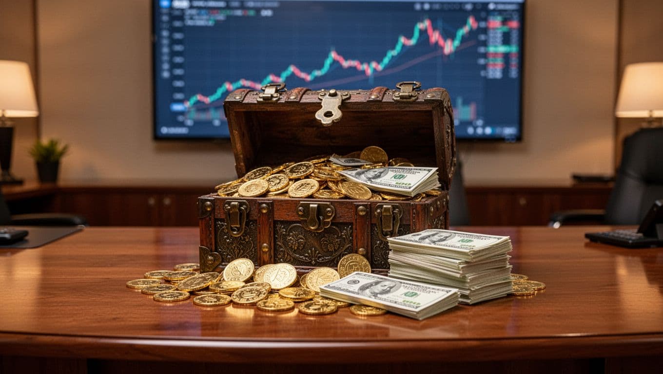 A secure wooden treasure chest slightly ajar, spilling gold coins and stacked cash across a polished oak desk, with subtle upward-trending financial charts on a wall monitor in warm office lighting.
