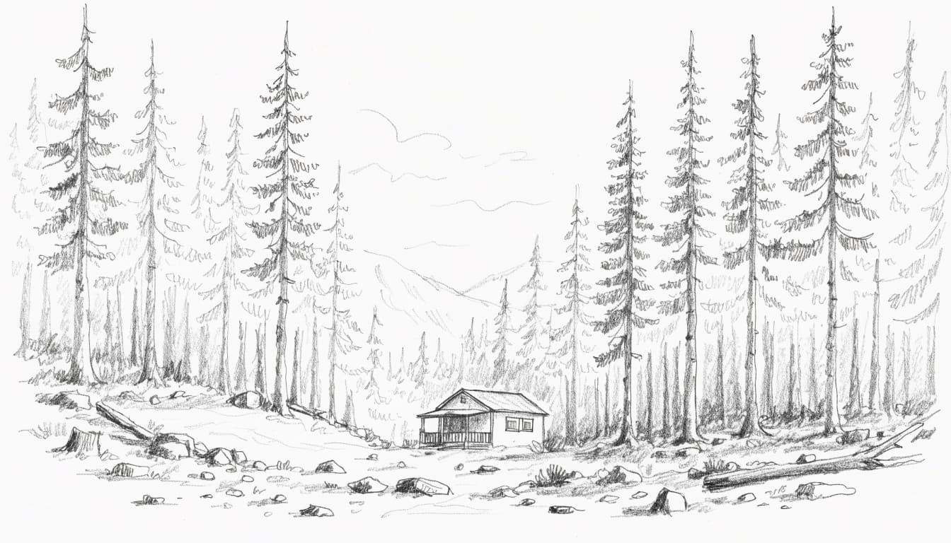A pencil sketch of a tiny home nestled in a clearing surrounded by tall fir trees.