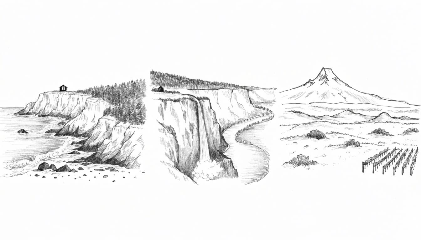 A pencil sketch triptych showing Oregon landscapes with a coastline, waterfall, and mountain.