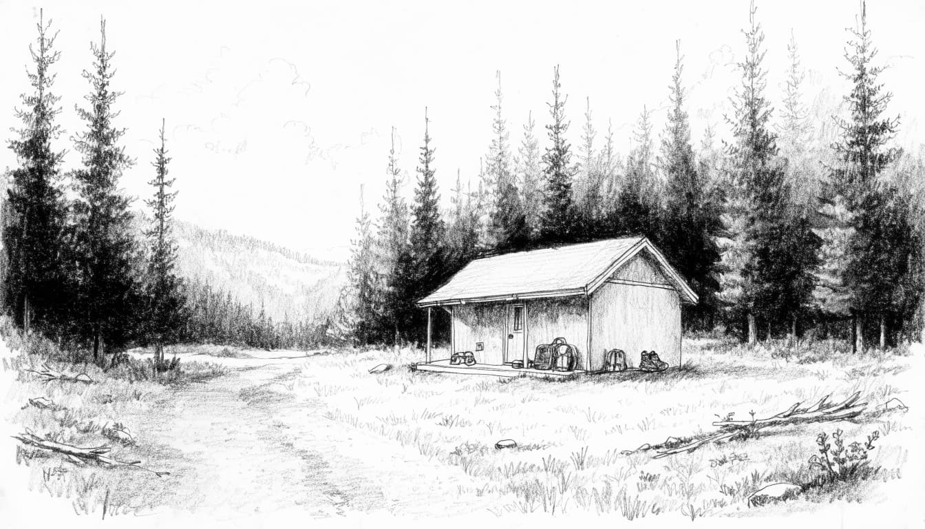 A graphite sketch of a small cabin in a forest with a backpack and boots outside.