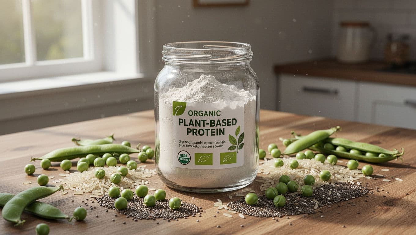 A clear jar of organic plant-based protein powder on a wooden kitchen table surrounded by fresh peas, rice grains, and chia seeds, bathed in soft morning light for a clean, wholesome vibe.