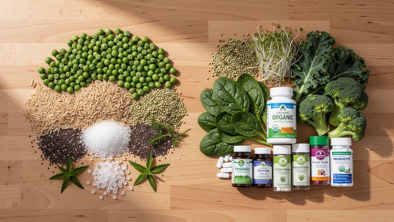 Top-down view of side-by-side piles of clean plant protein ingredients for Orgain (left: peas, rice, chia, erythritol, stevia) and Vega (right: peas, hemp, greens, probiotics) on a wooden table.