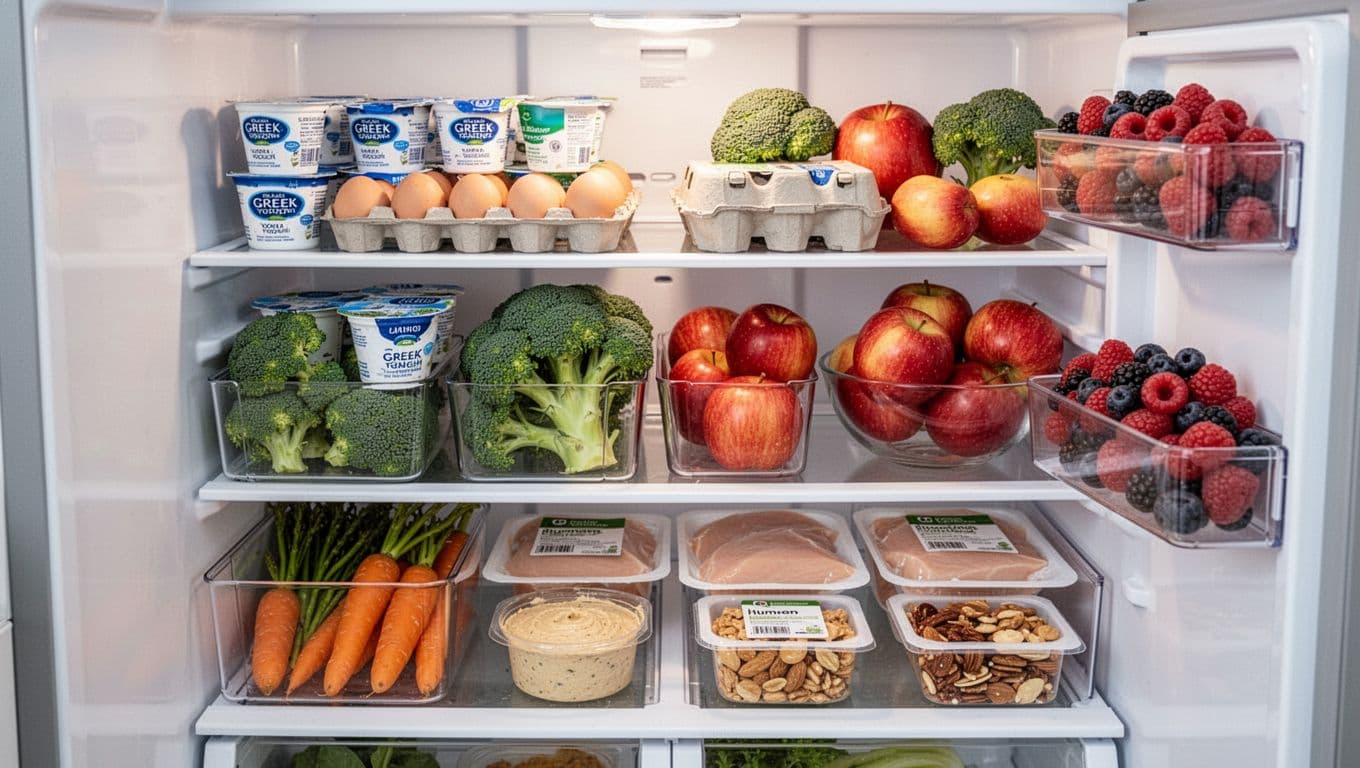 Realistic photo of an open refrigerator door showcasing interior shelves neatly organized with healthy foods including Greek yogurt, eggs, fresh vegetables like broccoli and carrots, fruits such as apples and berries, pre-portioned chicken, hummus, and nuts in containers. Bright clean lighting emphasizes accessibility to nutritious options without any text, brands, or people.