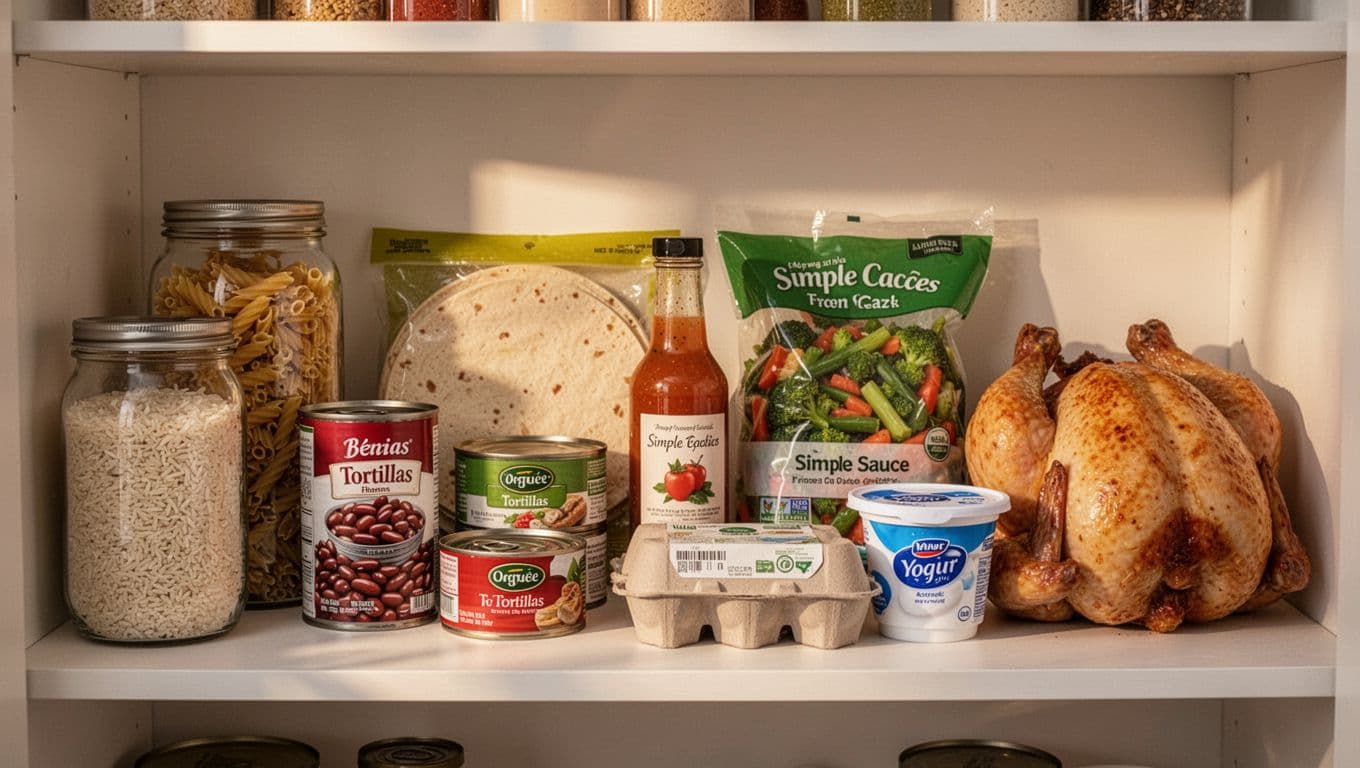 Realistic photo of a cozy home kitchen pantry shelf neatly stocked with everyday staples for quick meals: jars of rice and pasta, cans of beans and tuna, tortillas, frozen vegetables, sauce, eggs, Greek yogurt, and rotisserie chicken.