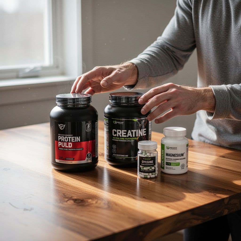 A collection of workout recovery supplements including protein, creatine, and sleep aids on a wooden table.