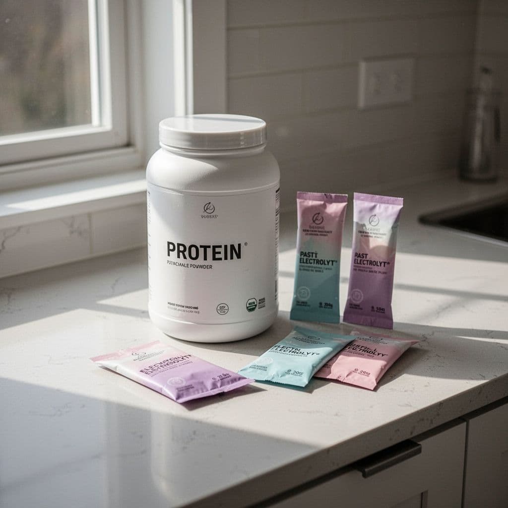 A protein powder container and electrolyte packets are neatly arranged on a bright, minimalist kitchen counter.