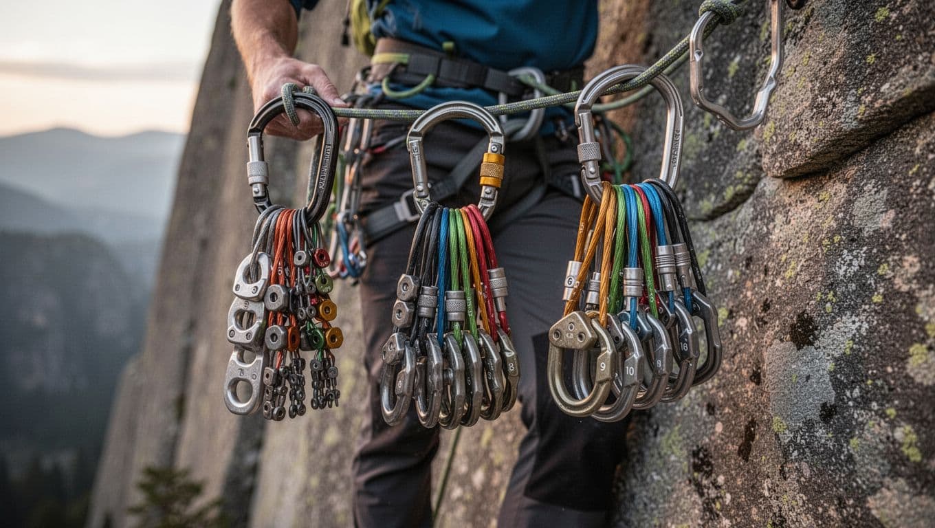 Photorealistic landscape of a climber's gear sling hanging from a harness with three keylock carabiners holding sorted nuts from smallest to largest against a blurred granite trad wall in soft morning light.