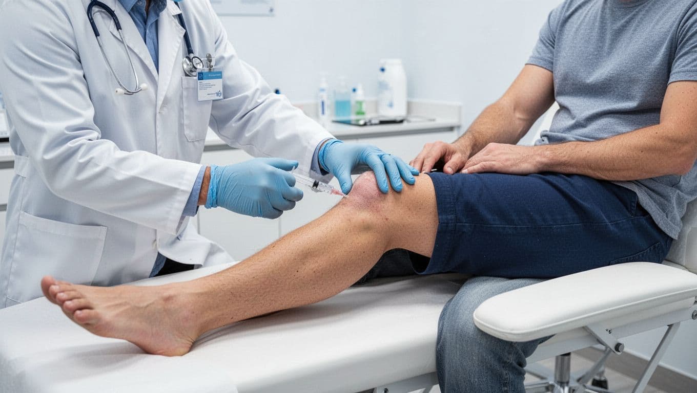 Close-up side view of an orthopedic doctor injecting PRP into a patient's knee in a modern clinic exam room, with the patient seated on the table leg extended, realistic medical photo with bright lighting and exactly two people.