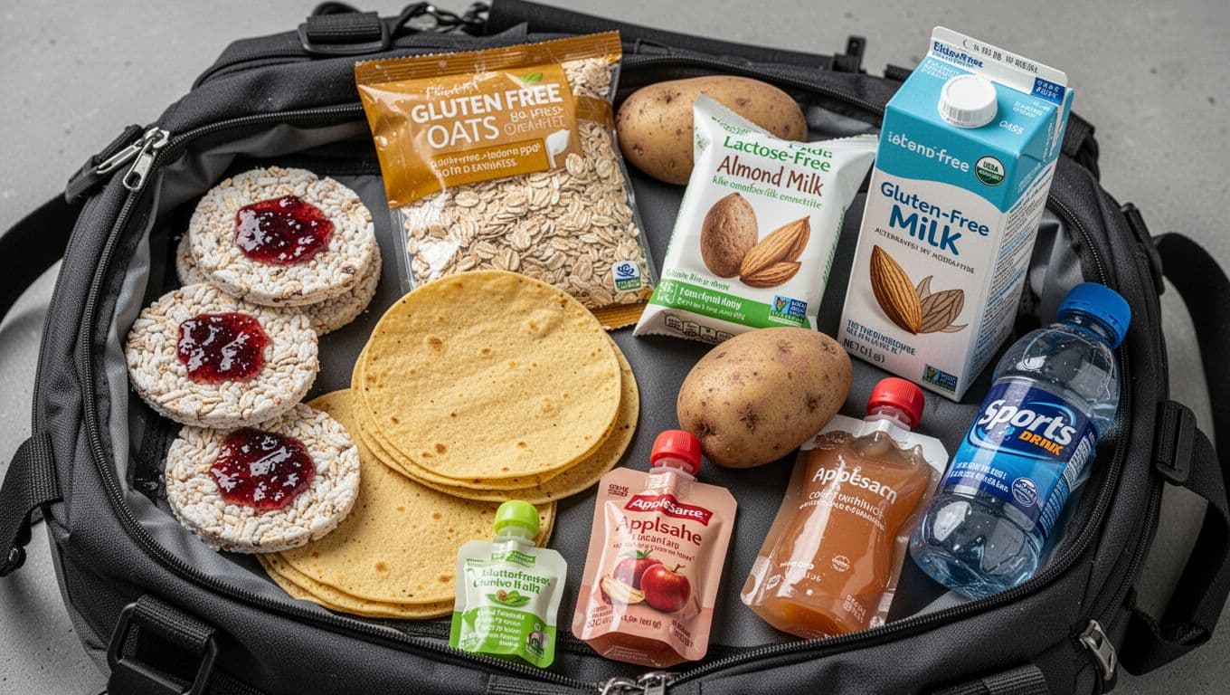 Close-up overhead view of portable gluten-free and dairy-free marathon snacks arranged on a gym bag, featuring rice cakes with jam, corn tortillas, gluten-free oats packet, baked potatoes, almond milk box, applesauce pouch, and sports drink in a realistic travel-friendly setup with neutral lighting.