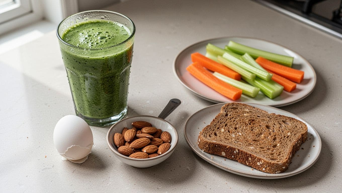 Top-down kitchen table view of vibrant green smoothie with condensation, peeled hard-boiled egg, handful of almonds, carrot and celery sticks, and whole-grain toast slice in natural morning light.