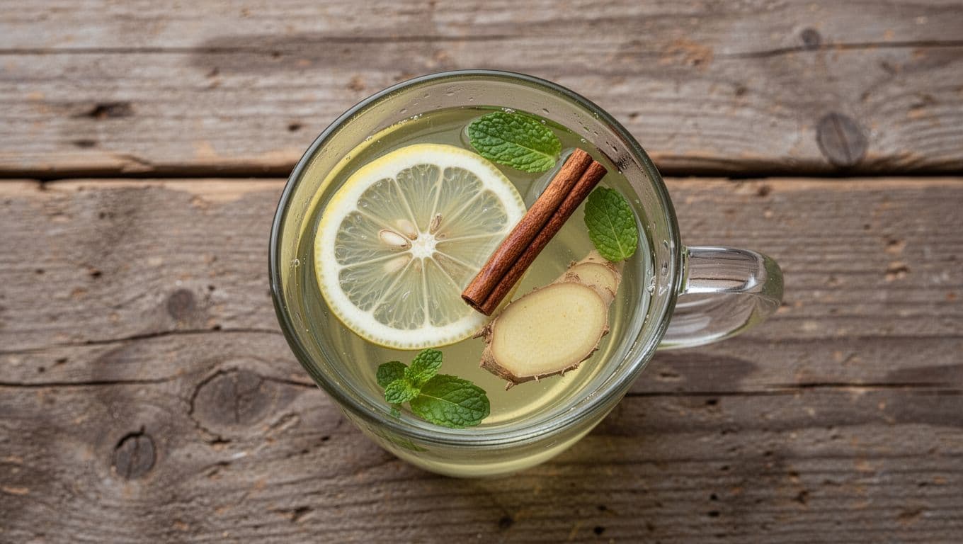 Overhead view of a clear glass mug of pale green tea with a fresh lemon slice, cinnamon stick, thin ginger slice, and mint leaves floating on the surface, on a rustic wooden table with soft natural light.