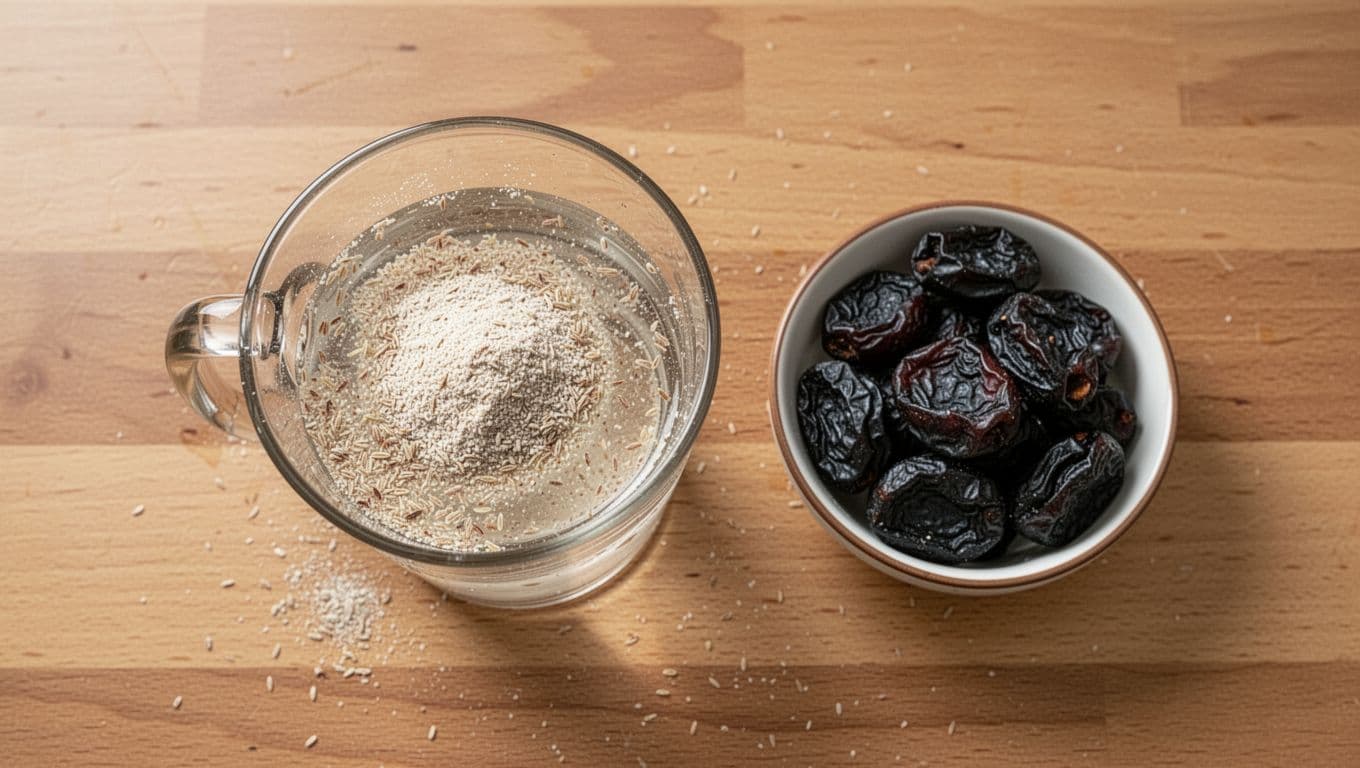 Overhead view of a clear glass filled with psyllium husk powder mixed in water next to a small bowl of dried prunes on a wooden kitchen counter, in photorealistic style with soft natural daylight.