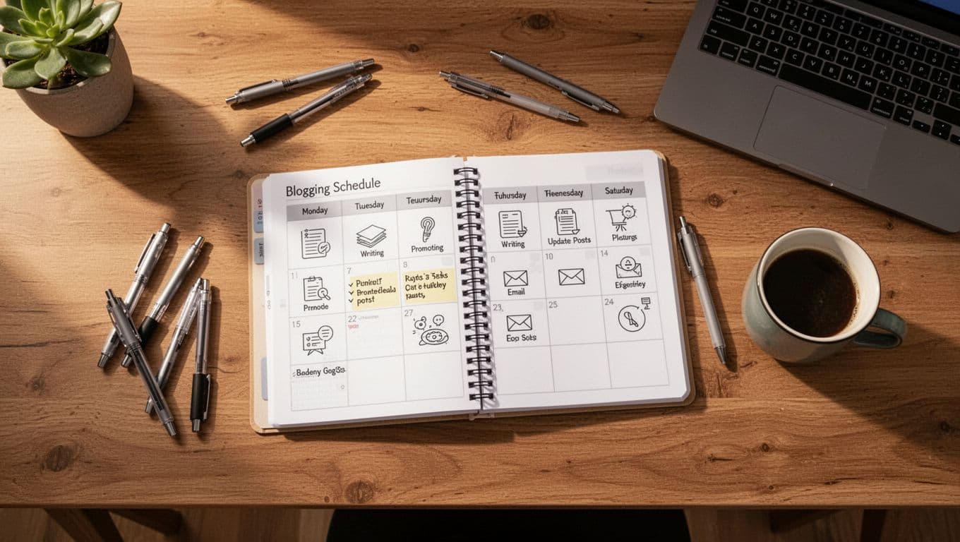Overhead view of a wooden home office desk with an open weekly planner displaying a simple blogging schedule grid from Monday to Sunday, featuring icons for writing, promoting, updating posts, and email tasks, alongside scattered pens, a coffee mug, and a closed laptop in warm natural morning light; photorealistic style with no people or readable text.
