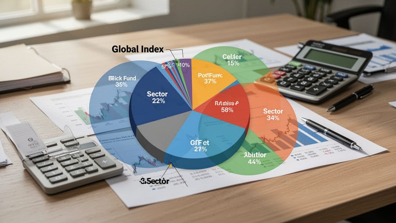 Realistic office desk cluttered with overlapping pie charts representing stock portfolios, including a global index and sector funds blending confusingly without readable text, accompanied by a calculator and pen under soft natural light.