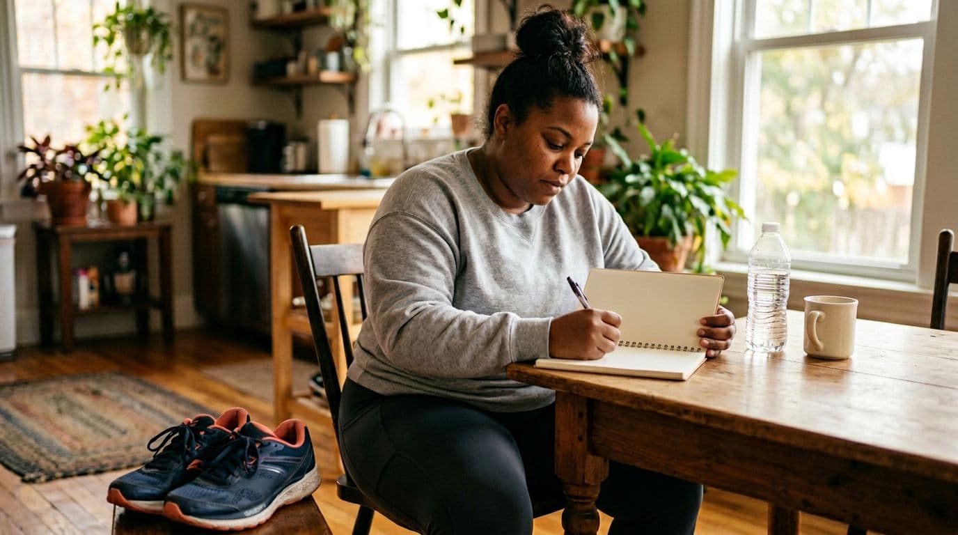 An overweight beginner runner sits relaxed at her kitchen table, writing her first running goals in an open notebook with a pen, water bottle and sneakers nearby, bathed in cozy morning light.