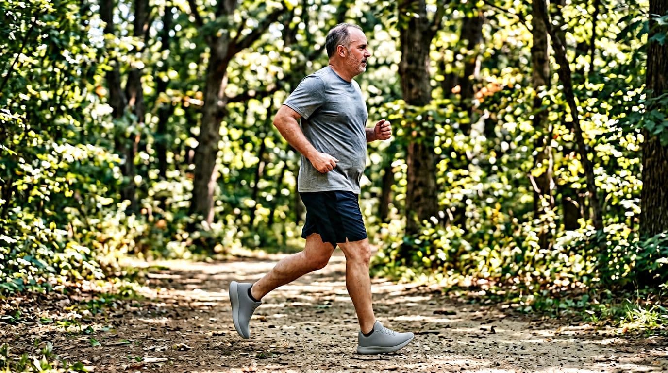 An overweight middle-aged runner transitions from a brisk walk to a short jog interval on a sunny park trail, maintaining relaxed upright posture with midfoot landing and short steps. Captured in a dynamic full-body side profile view in realistic photo style with natural daylight.