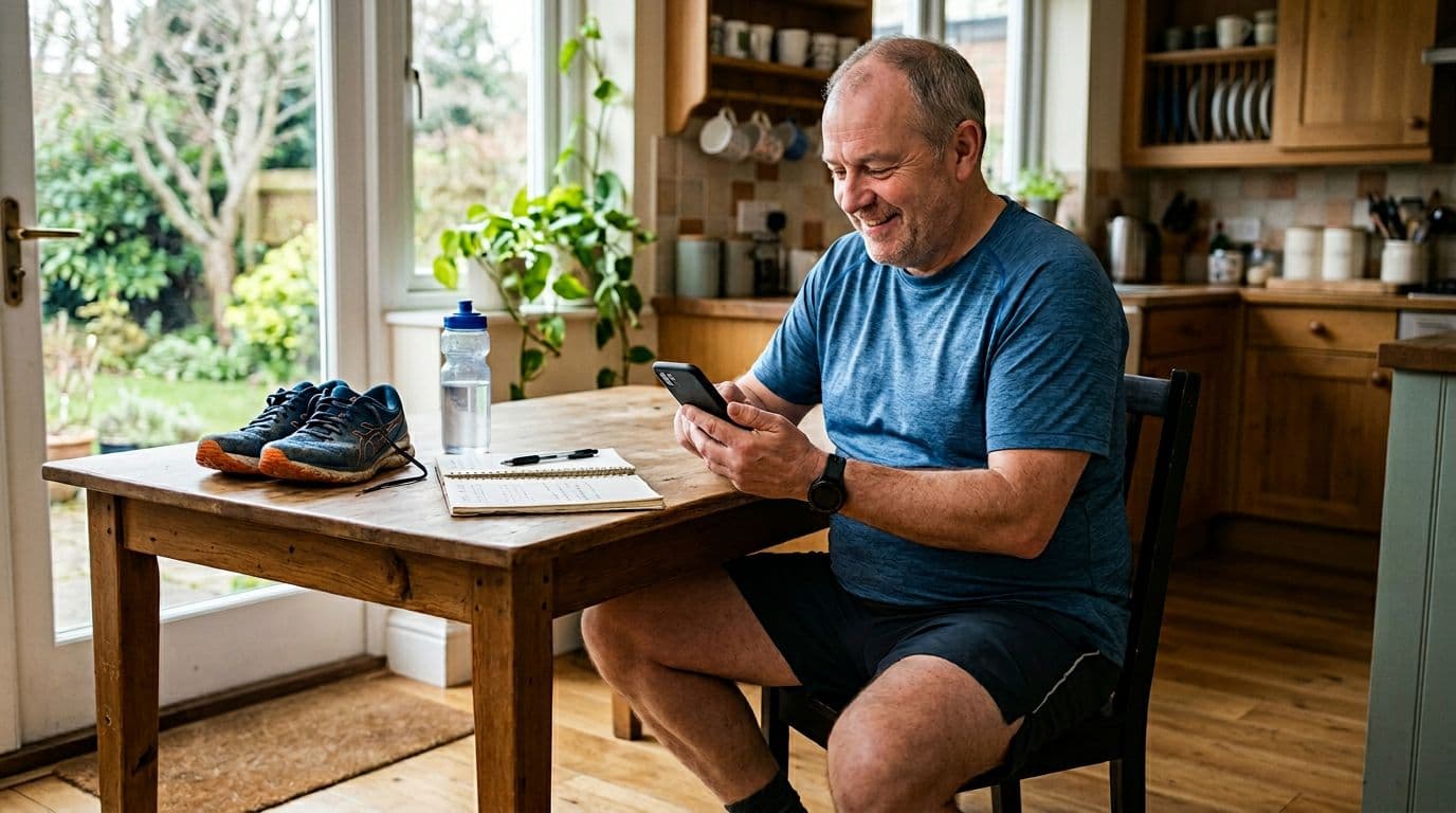 Overweight middle-aged runner sits relaxed at home kitchen table holding smartphone with blurred running app, smiling while logging progress, with notebook, pen, water bottle, and sneakers nearby in cozy morning light.