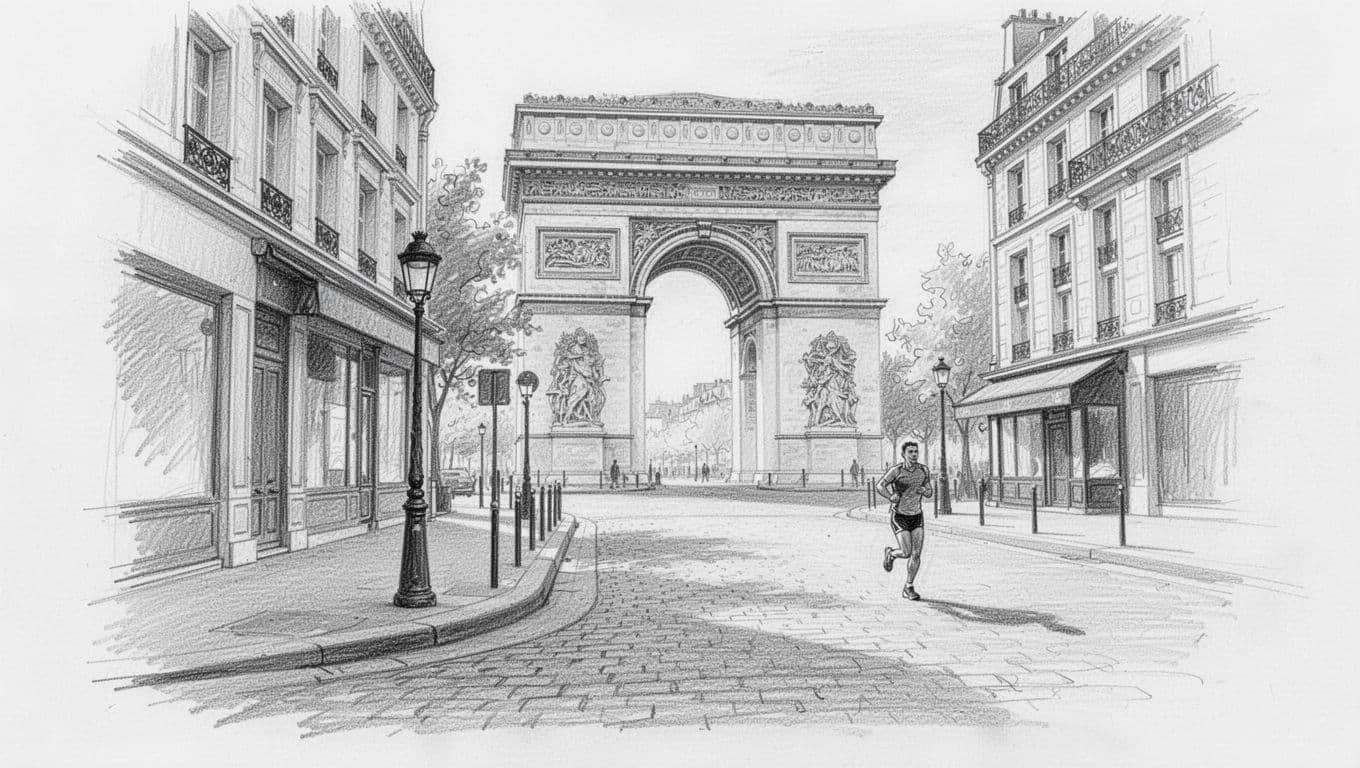 A distant runner walks along a quiet Paris street near the Arc de Triomphe.