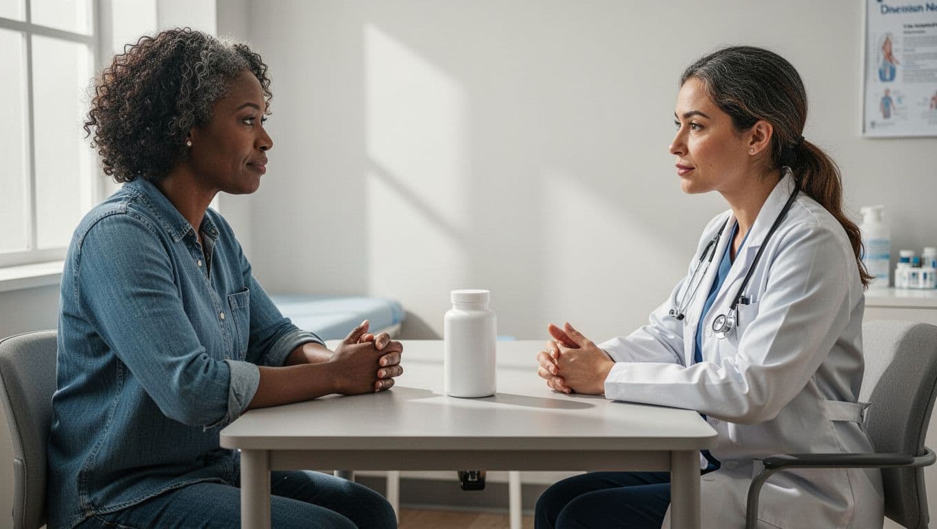 A diverse adult patient sits at a desk with a doctor in a clinic, engaging in a calm conversation about a nutrition supplement bottle on the table, in a professional setting with soft lighting.