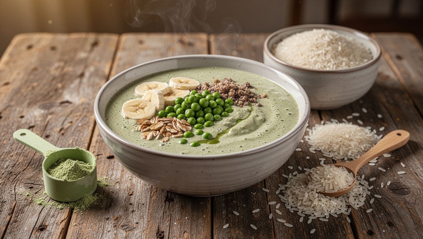 Meal-like protein shake in a bowl mimicking real food, with pea protein scoop and rice nearby on a rustic table. Warm indoor lighting in realistic food photography style, no people or text.