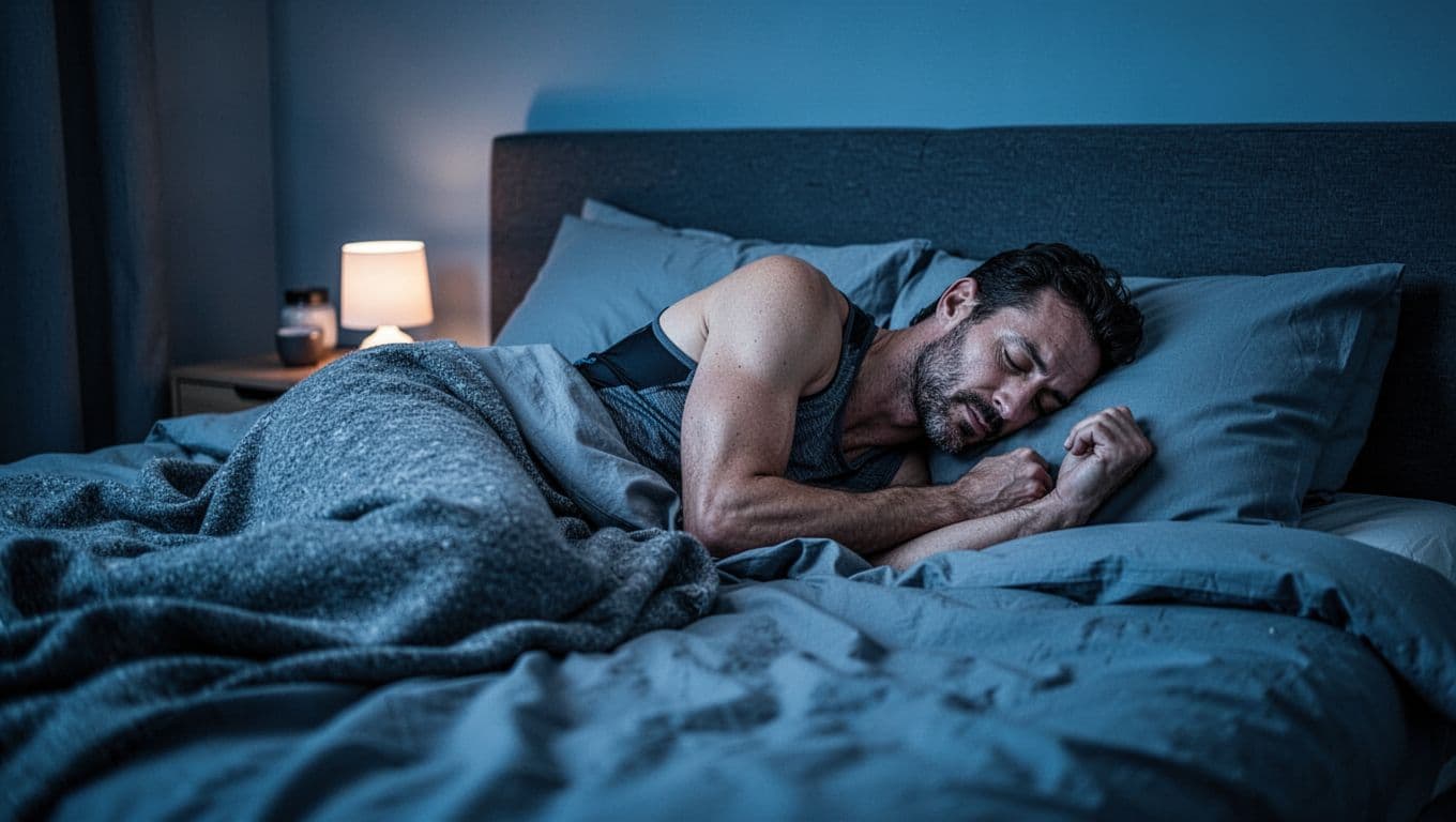 A peaceful adult runner sleeps relaxed in a cozy bedroom with cool blue tones and dim nightlight illumination, photorealistic landscape composition.
