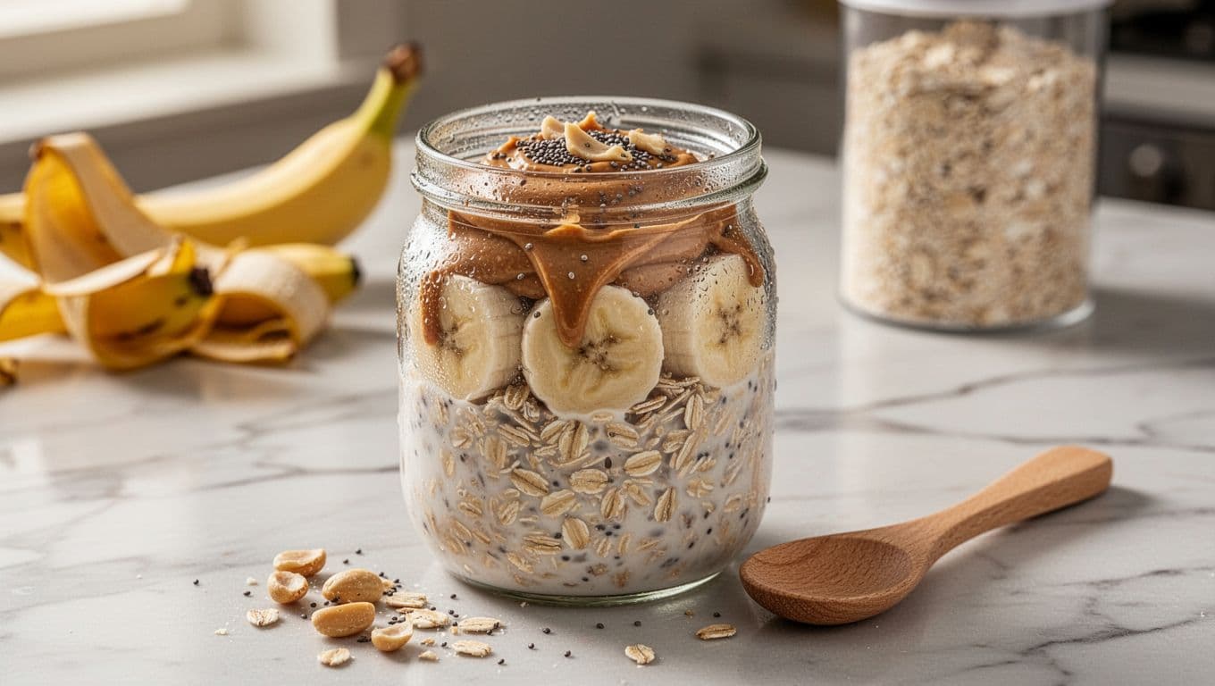 Photorealistic landscape image of a single glass jar filled with layered overnight oats soaked in milk, sliced bananas, peanut butter swirl, chia seeds, and crushed peanuts on a light marble counter in soft morning light, with condensation on the glass and a wooden spoon beside it.
