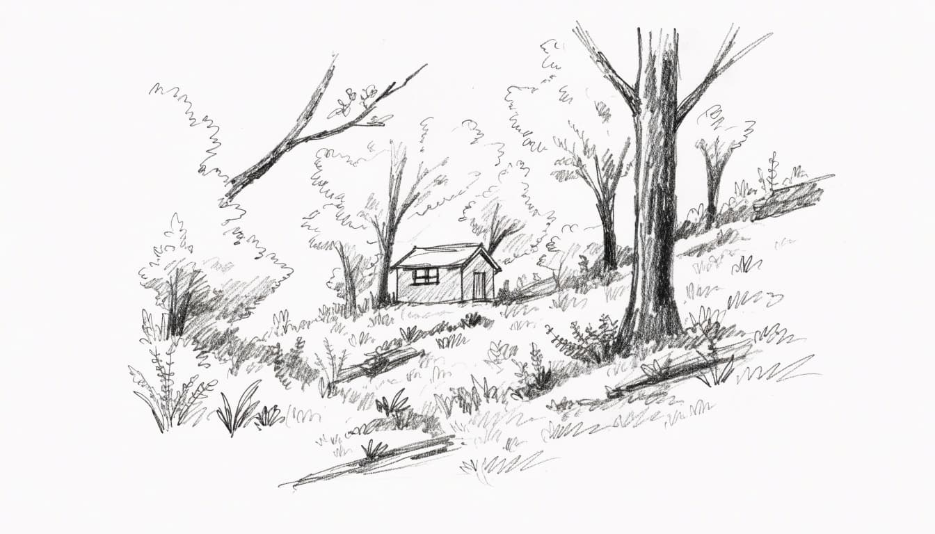 A graphite pencil sketch of a small tiny house nestled in a wooded hillside.