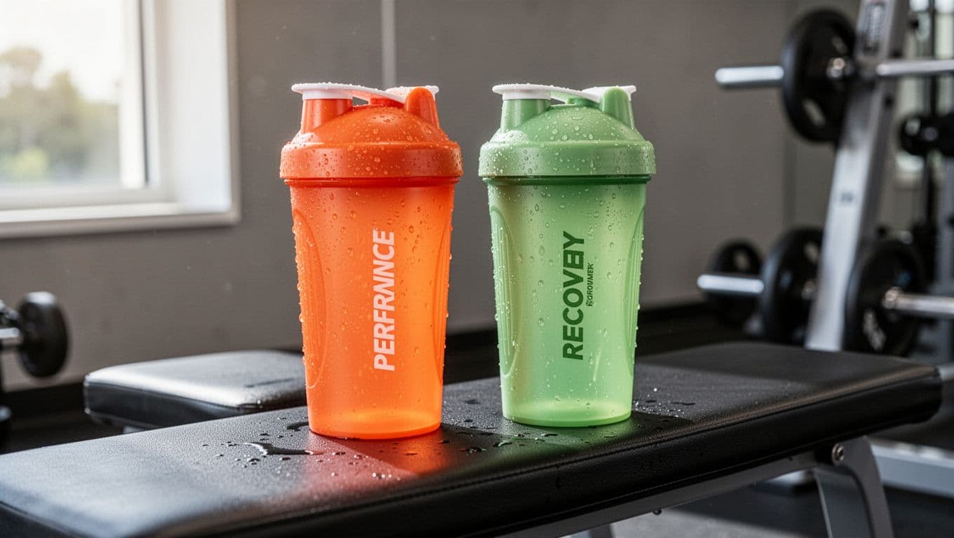 Two shaker bottles on gym bench: left vibrant orange, right soothing green, with condensation beads in soft natural light.