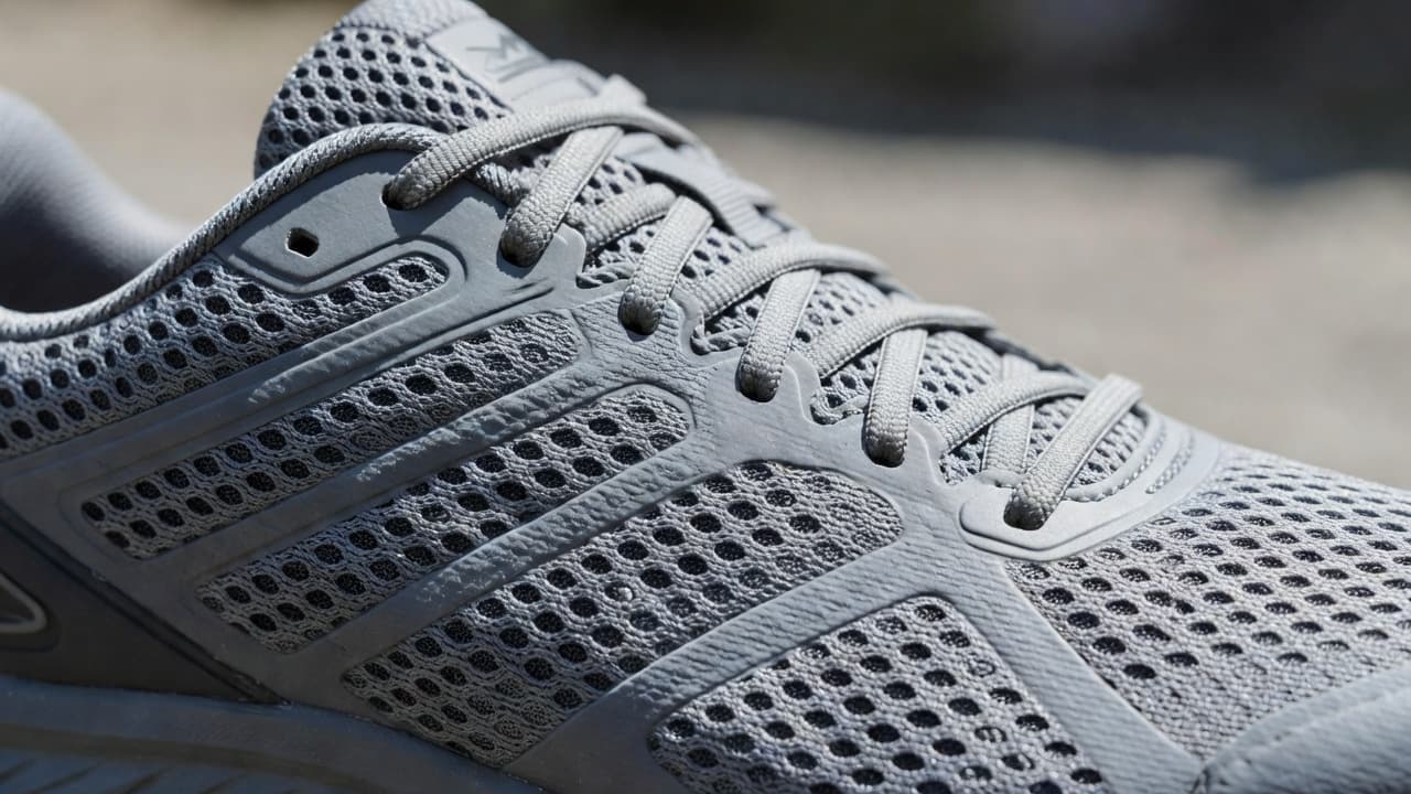 Detailed view of breathable mesh fabric and intricate lacing hardware on a athletic shoe. The side profile shows the structural weave designed for lateral support during high intensity running activities.